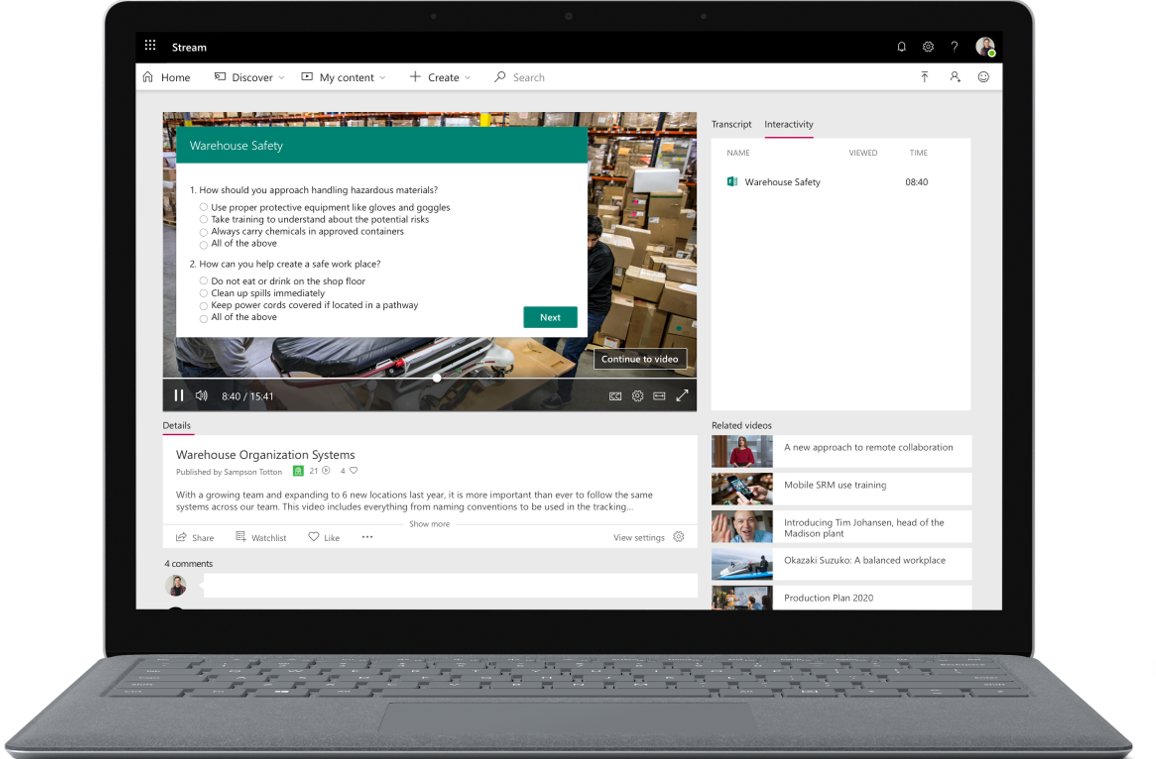 Изображение на отворен лаптоп, на чийто екран се попълва анкета на Microsoft Stream.