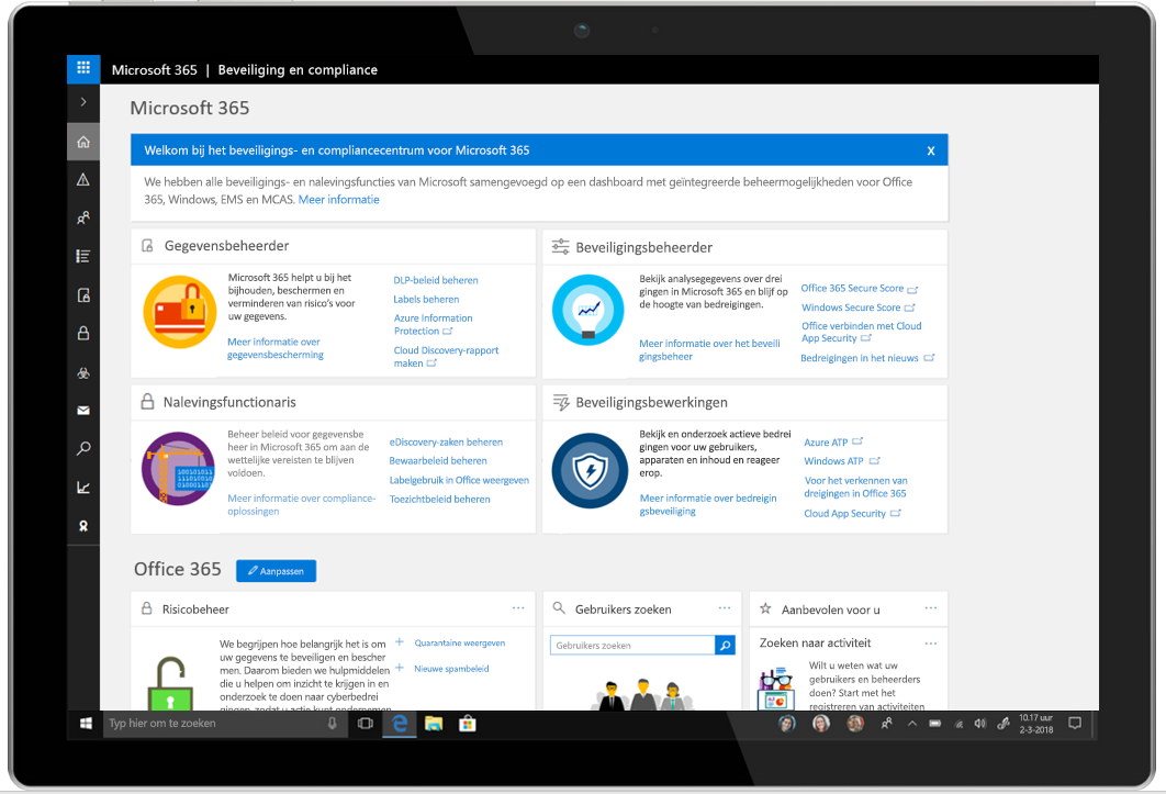 Een tablet met het Microsoft 365-beveiligings- en compliancecentrum.