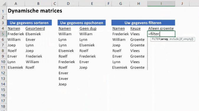 Geanimeerde afbeelding van dynamische matrices in Excel.