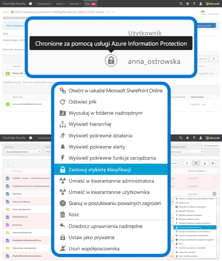 Zrzut ekranu z opcją „Zastosuj etykietę klasyfikacji” z menu rozwijanego w usłudze Azure Information Protection.