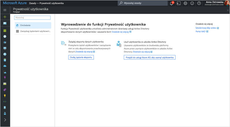 Zrzut ekranu przedstawiający ekran „Wprowadzenie do prywatności użytkowników” w usłudze Azure Directory.