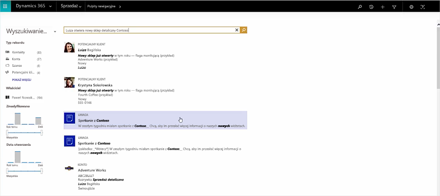 Zrzut ekranu przedstawiający funkcję Wyszukiwanie według istotności w usłudze Dynamics 365.