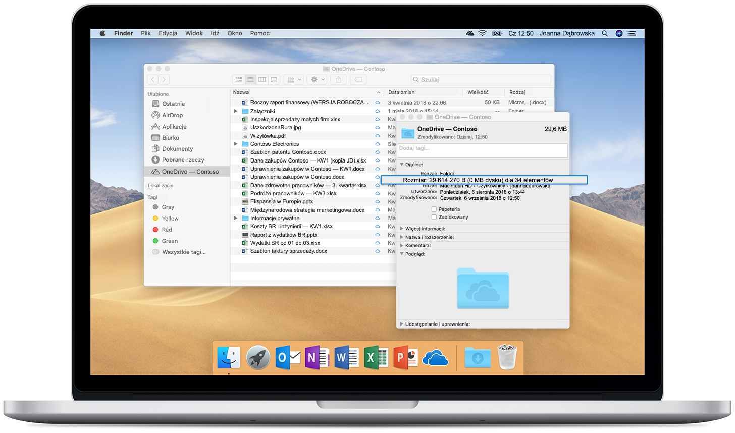Obraz przedstawiający funkcję Pliki na żądanie usługi OneDrive na otwartym komputerze Mac.