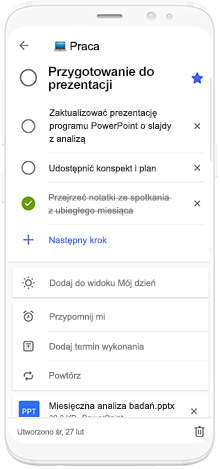 Obraz przedstawiający ekran telefonu, na którym użytkownik korzysta z aplikacji Microsoft To-Do, aby zaplanować czas przygotowania do prezentacji.