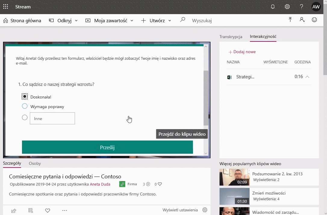 Zrzut ekranu przedstawiający film wideo odtwarzany w usłudze Microsoft Stream.