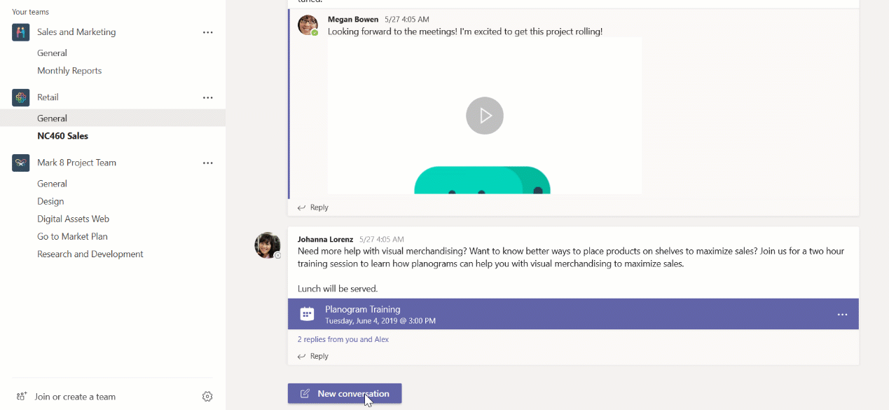 Animowany zrzut ekranu przedstawiający anonsy w usłudze Microsoft Teams. Użytkownik wita nowego pracownika.