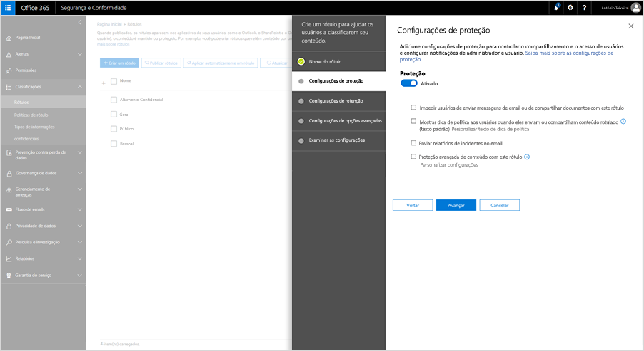Captura de tela das configurações de Proteção no Centro de Conformidade e Segurança