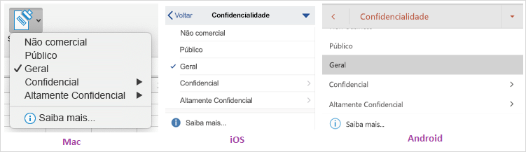 Captura de tela do menu suspenso de confidencialidade de dados exibido no Mac, iOS e Android.