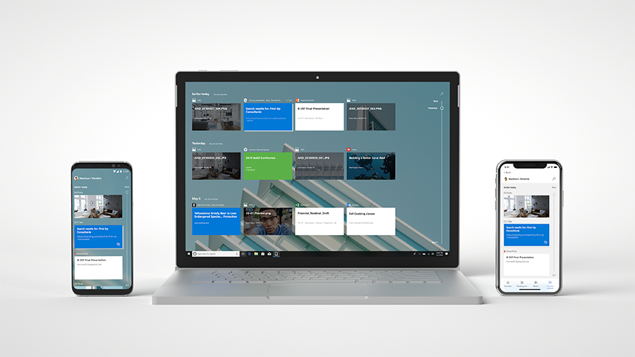 Imagem a mostrar um portátil e dois dispositivos móveis a apresentar o Microsoft Launcher para Android e o Microsoft Edge no iPhone e iPad