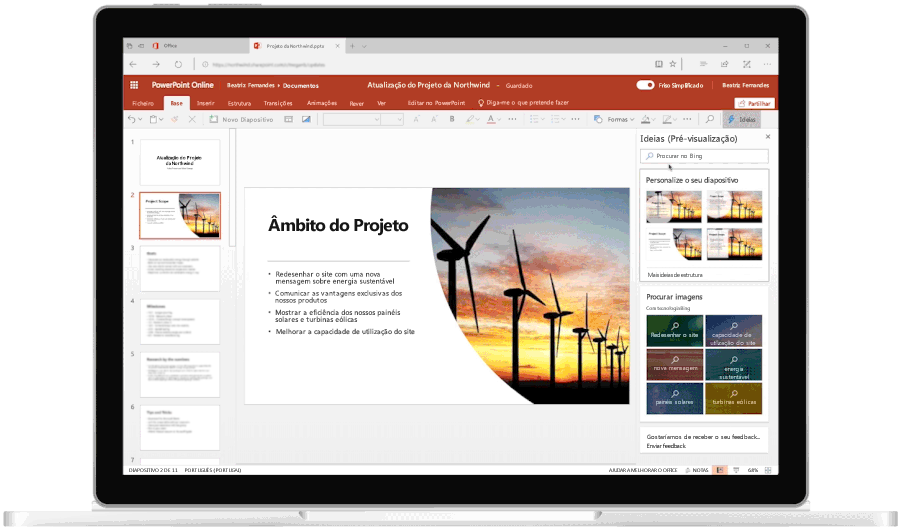 Imagem animada a mostrar um portátil aberto e a funcionalidade Ideias a ser utilizada no PowerPoint.