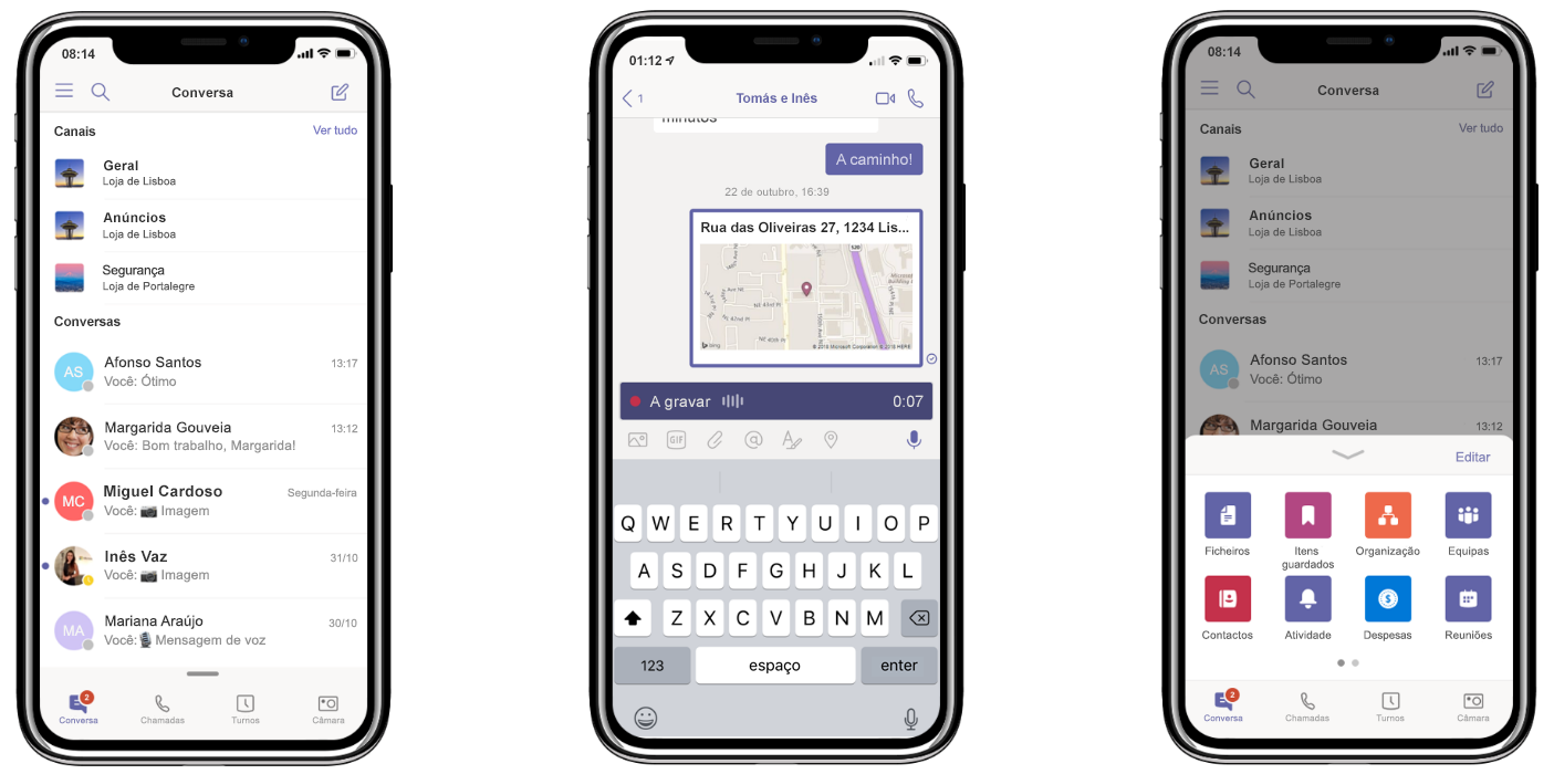 Três iPhones a mostrar a nova funcionalidade do Teams: mantenha todas as conversações num único local (esquerda), partilhe a localização e grave mensagens de áudio (centro), e personalize o menu de navegação (direita)