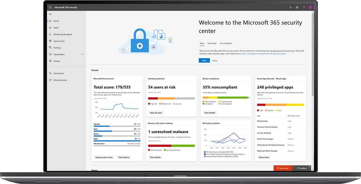 Imagem do dashboard do Centro de Segurança do Microsoft 365.