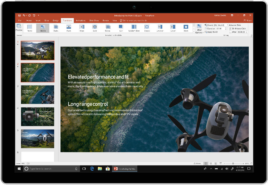 O imagine prezintă un dispozitiv care utilizează PowerPoint în Office 2019.