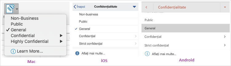 Captură de ecran cu meniul vertical pentru confidențialitatea datelor, afișat pe Mac, iOS și Android.