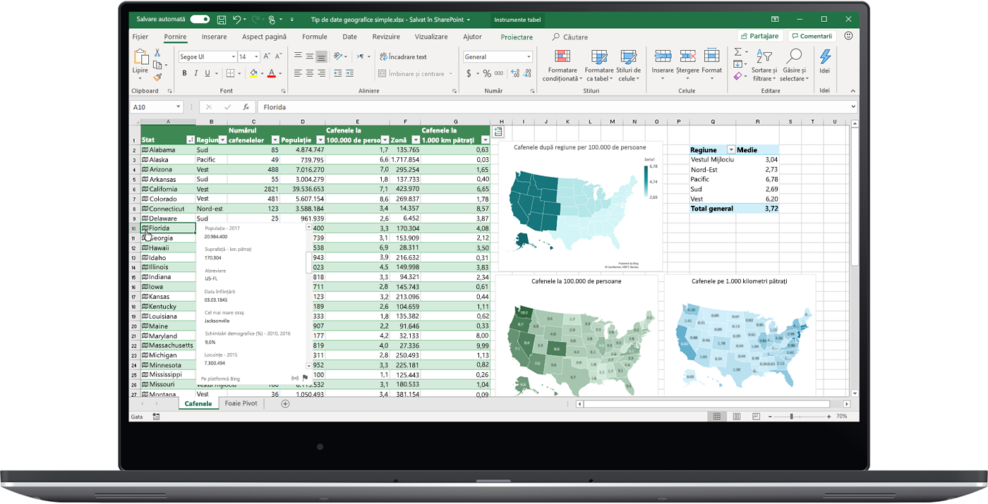 Imagine a unei foi de calcul Excel deschise pe un laptop. Se utilizează tipuri de date.