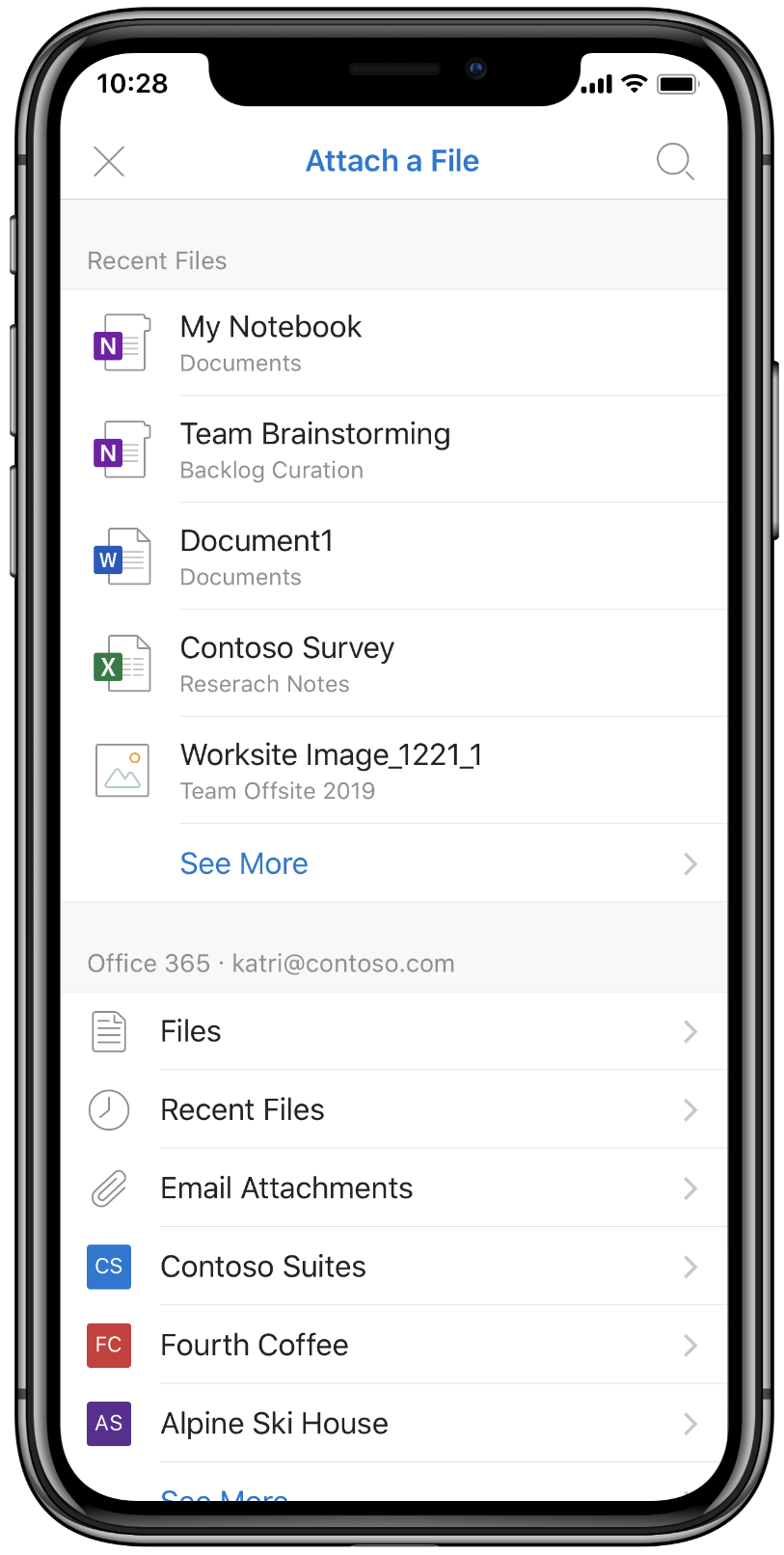 Снимок экрана, иллюстрирующий прикрепленные файлы в Outlook для iOS.