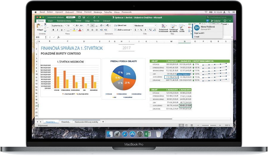 Obrázok otvoreného prenosného počítača so zobrazením finančnej správy v Exceli.