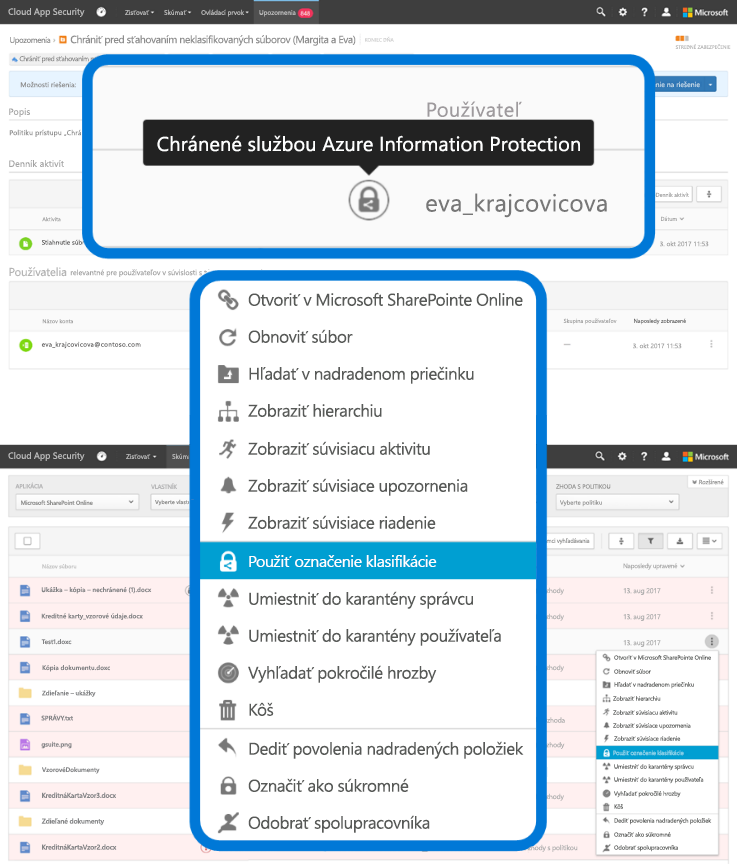 Snímka obrazovky so zobrazením vybratej položky Použiť označenie klasifikácie v rozbaľovacej ponuke v službe Azure Information Protection.