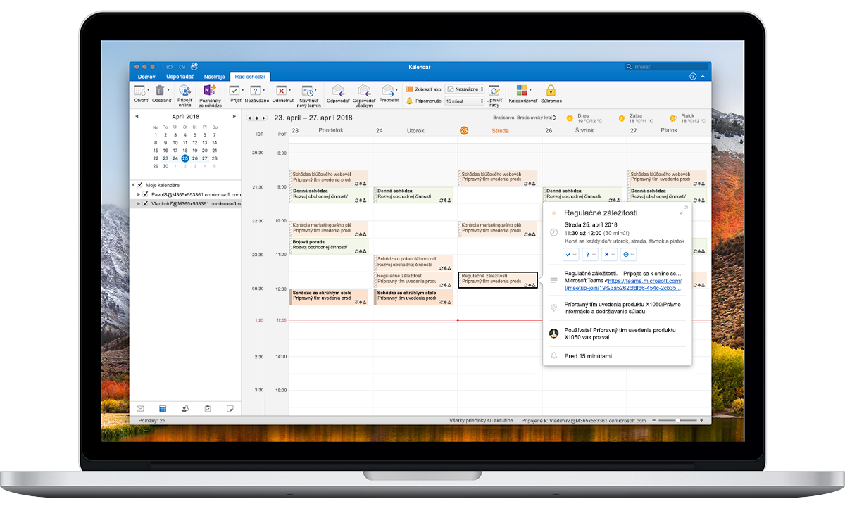 Otvorený notebook zobrazujúci položku Možnosti časového pásma v kalendári Outlooku.
