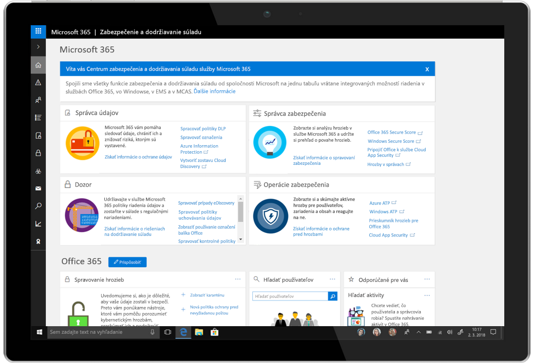 Obrázok tabletu zobrazujúceho Centrum zabezpečenia a dodržiavania súladu pre Microsoft 365