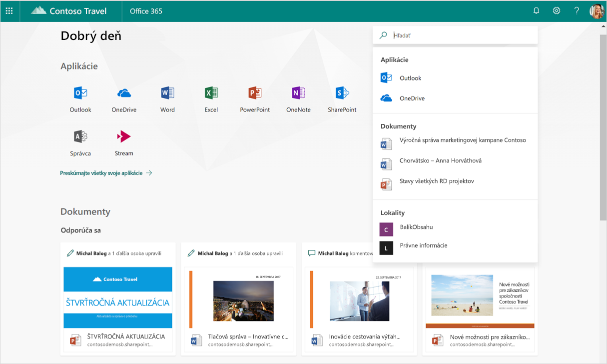 Snímka obrazovky zobrazuje inteligentné odporúčania vyhľadávania v službách Office 365.