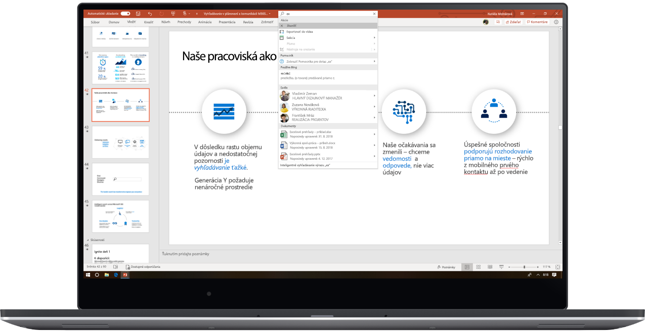 Obrázok notebooku s otvoreným powerpointovým balíkom, v ktorom používateľ používa funkciu Microsoft Search.