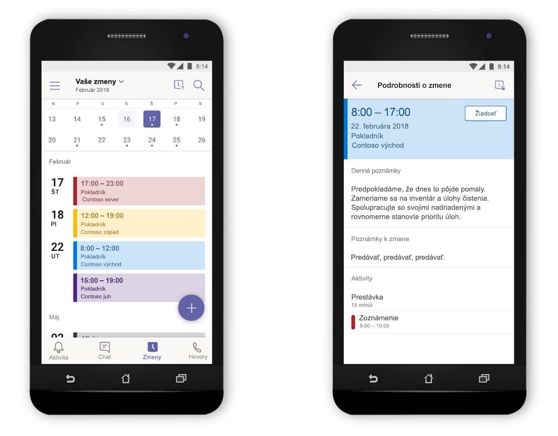 Obrázok dvoch telefónov vedľa seba zobrazujúcich funkciu Zmeny v službe Microsoft Teams.