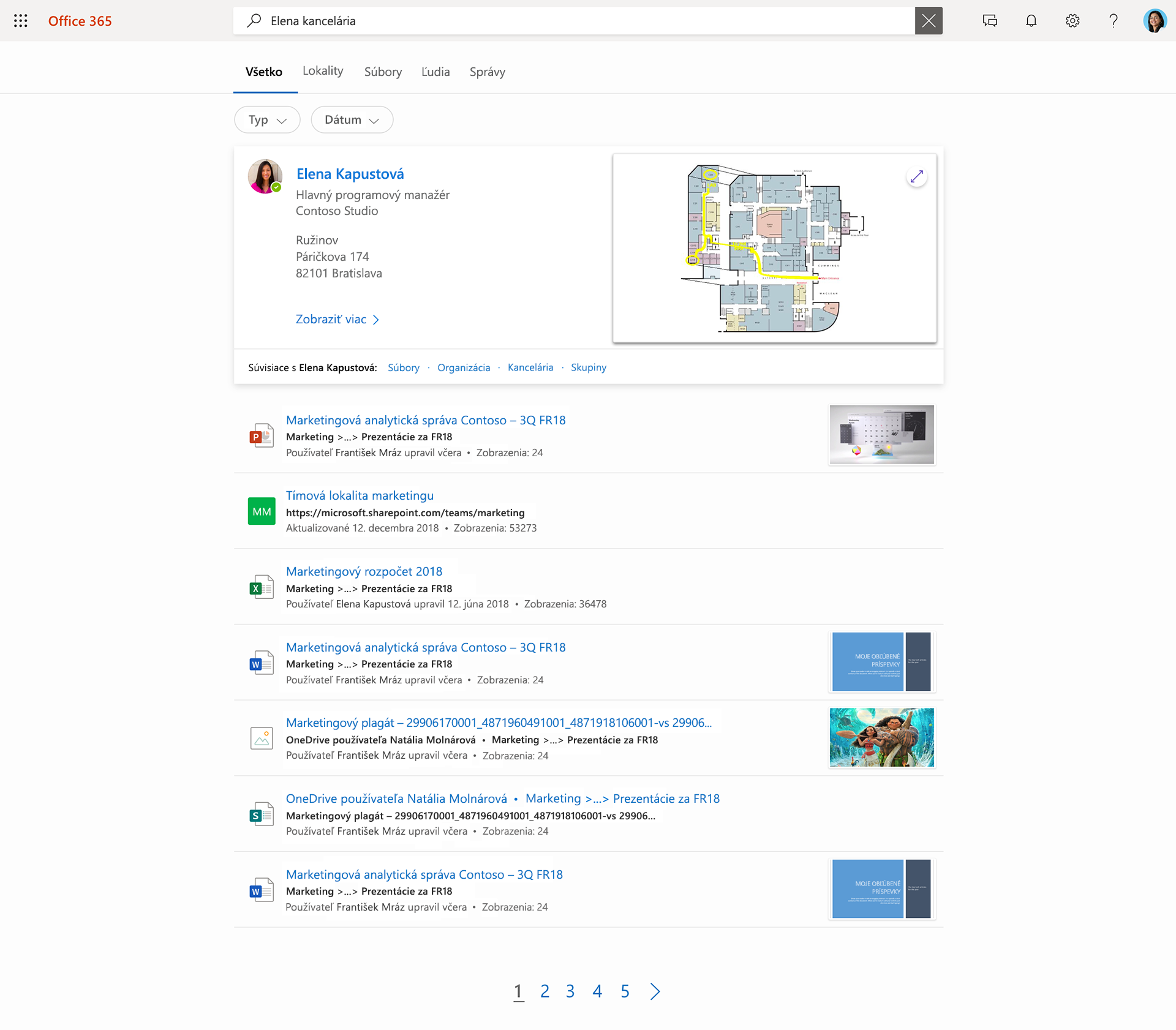 Obrázok služby Microsoft Search. Používateľ zadal slovné spojenie „Daisy office“ a v zozname sa zobrazili kontakty, súbory a lokality.