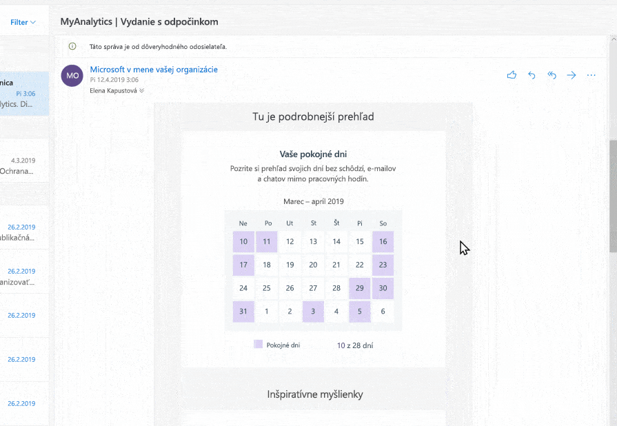 Snímka obrazovky služby MyAnalytics v Outlooku