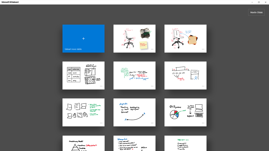 Slika zbirke tabel aplikacije Microsoft Whiteboard.