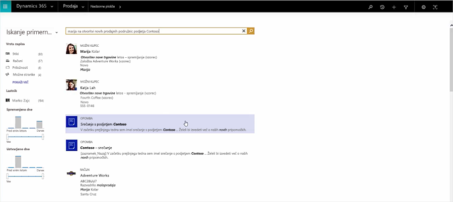 Posnetek zaslona prikazuje možnost iskanja po ustreznosti v storitvi Dynamics 365.