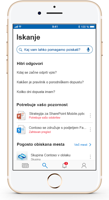 Slika prenosne naprave s prikazom SharePointove mobilne aplikacije.