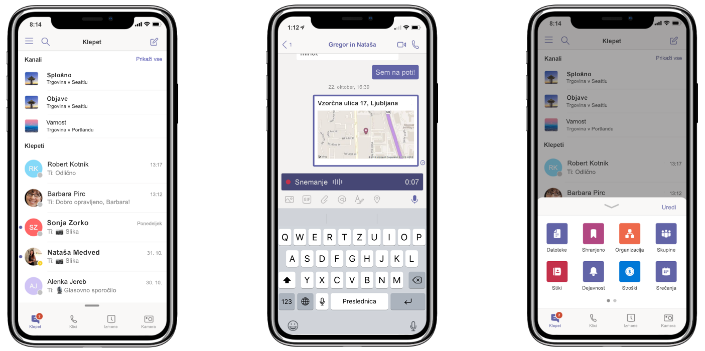 Tri naprave iPhones prikazujejo novo funkcijo storitve Teams: obdržite vse pogovore na enem mestu (levo), skupna raba lokacije in snemanje zvočnih sporočil (sredina) ter prilagoditev menija za krmarjenje (desno)