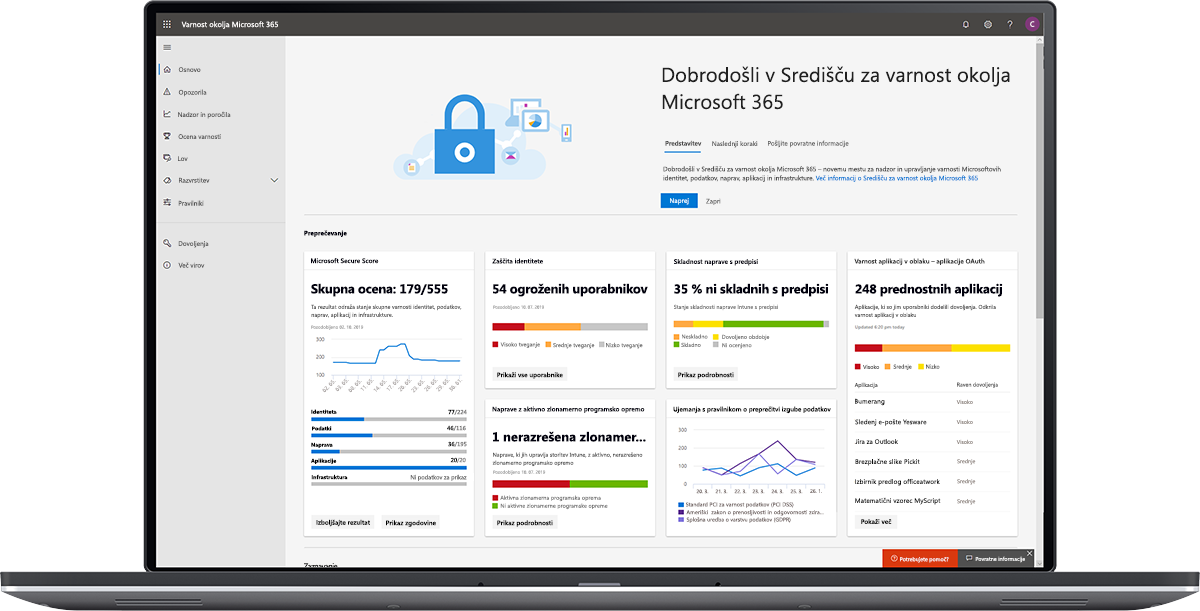Slika nadzorne plošče središča za varnost okolja Microsoft 365.