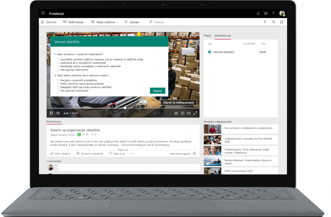 Slika odprtega prenosnika, kjer je na zaslonu prikazana anketa v aplikaciji Microsoft Stream.