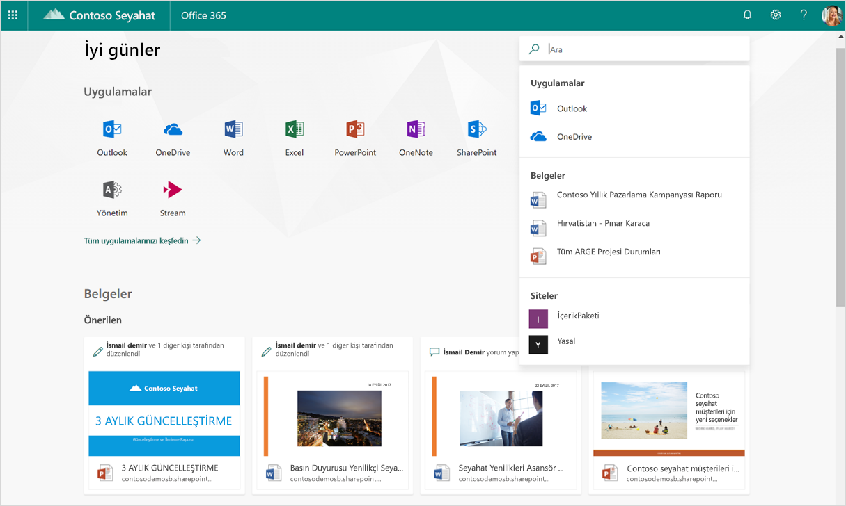 Bir ekran görüntüsünde, Office 365’in arama özelliğindeki akıllı öneriler görüntüleniyor.