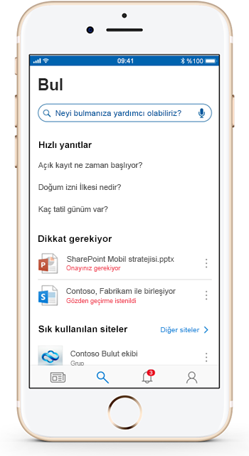 SharePoint mobil uygulamasının kullanıldığı bir mobil cihazı gösteren resim.