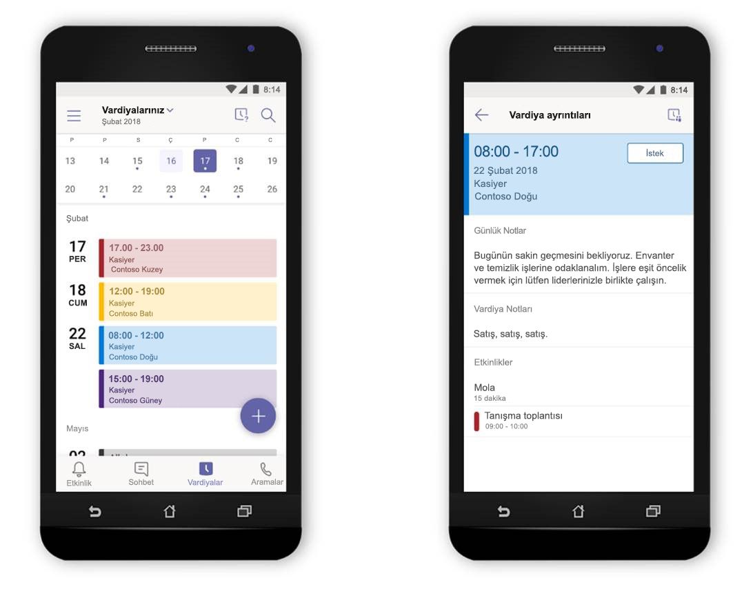 Microsoft Teams'de Vardiyalar özelliğini gösteren ve yan yana duran iki telefon resmi.