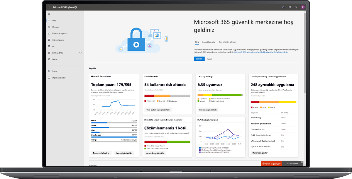 Microsoft 365 güvenlik merkezi panosu resmi.