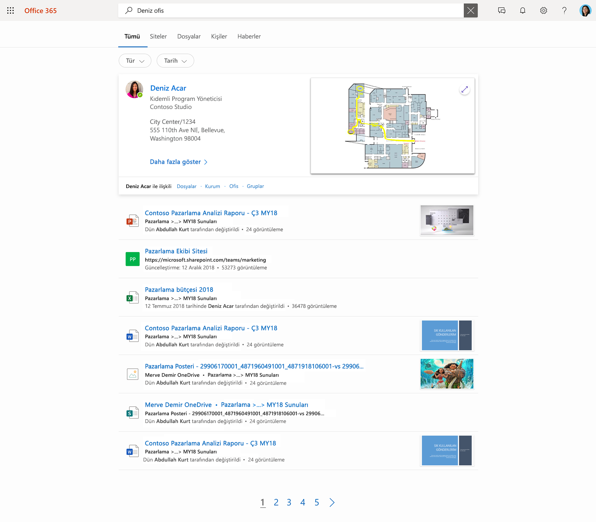 Microsoft Arama’nın ekran görüntüsü. Kullanıcı “Daisy office” terimini aratmış ve kişiler, dosyalar ve siteler listelenmiş.