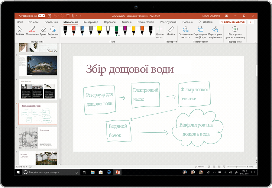 Анімований знімок екрана, де рукописні фрагменти перетворюються на текст у PowerPoint.