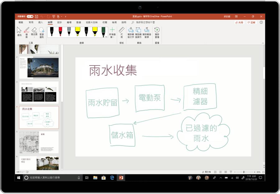 顯示系統在 PowerPoint 中將筆跡轉為文字的動畫螢幕擷取畫面。