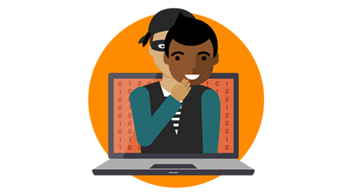 Graphic of a person at a computer with a false face