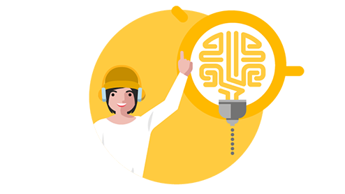 Graphic of a person in a hard hat pointing to an icon