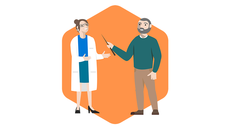 Graphic of a woman in a lab coat and a man holding a pointer