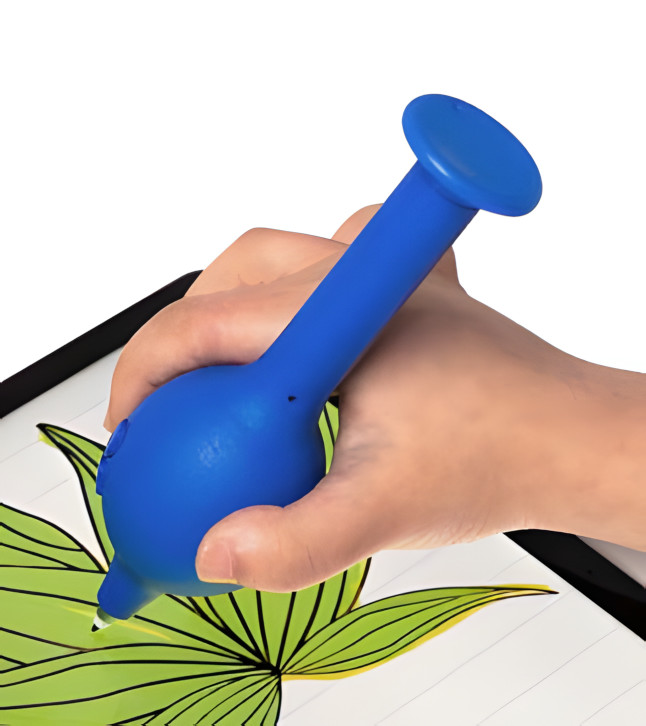 A user sketches on a Surface Go  while holding a medium Smooth Bulb Pen Grip with buttons, paired with a Disc-shaped tail cap.