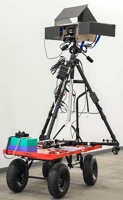 The camera setup on a tripod mounted on a dolly