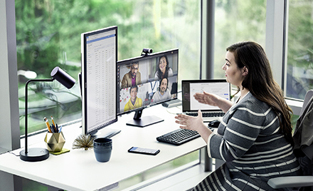 Image of a woman in a conference call on Microsoft Teams.