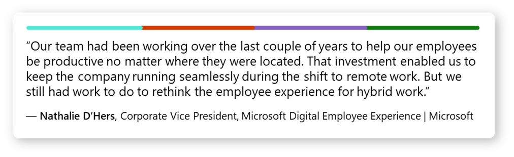 Цитат от Натали Д'Херс, корпоративен вицепрезидент, Microsoft Digital Employee Experience: „Нашият екип работи през последните няколко години, за да помогне на нашите служители да бъдат продуктивни независимо къде се намират. Тази инвестиция ни позволи да поддържаме безпроблемната работа на фирмата по време на преминаването към отдалечена работа. Но все още имахме работа, за да преосмислим средата за работа на служителите за хибридния начин на работа.“