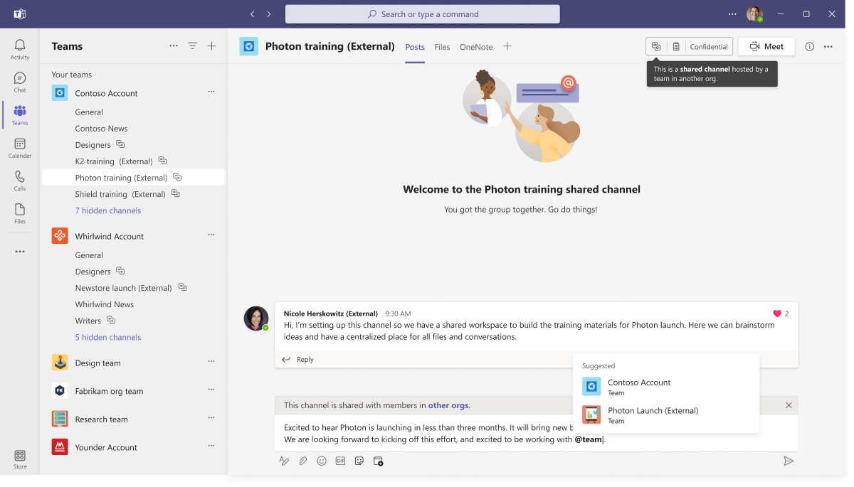 Със споделените канали на „Свързване в Microsoft Teams“ множество организации вече могат да работят заедно като един екип в споделена работна област за безпроблемно сътрудничество. 